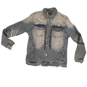 Rockstar Original BK Biker Jacket Mens Medium Dark Blue Distressed Moto Denim